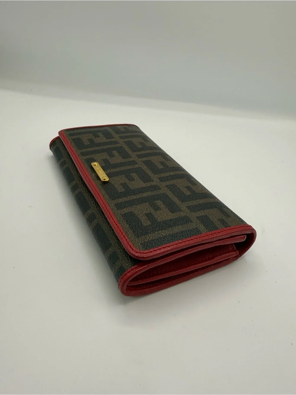 Fendi Brown FF Canvas Continental Wallet with Red Trim